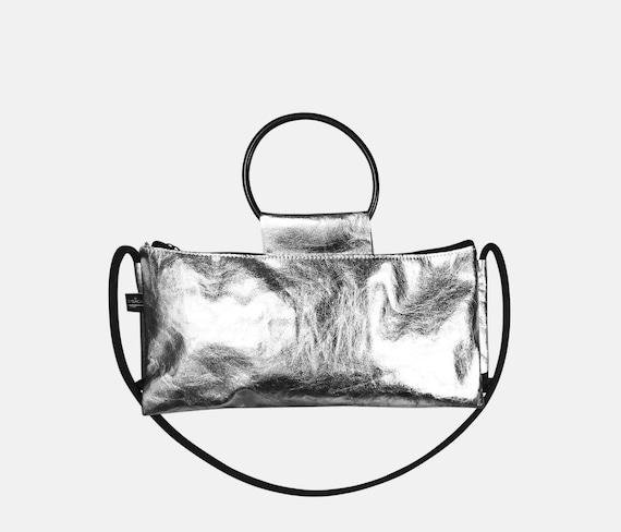 Small Silver Handbag from Jacron Evening Bag Crossover Bag Silver Clutch with Ring Strap