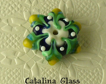 Lampwork Glass Beads Handmade by Catalina Glass SRA Cobalt and Green Star Flower Focal