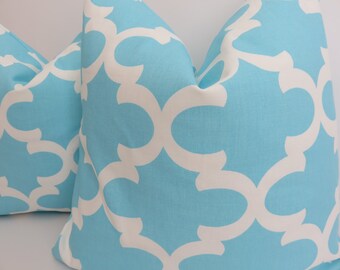 Aqua Pillow Cover - Pillow Cover - 18x18 pillow Cover- Aqua White Pillow Cover- Geometric Pillow - Decorative Pillow
