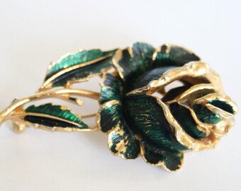 Rose brooch. Green rose brooch. Vintage brooch. Enamel flower brooch. Vintage jewellery