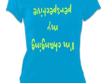 Ladies Yoga Slogan T-Shirt Top 'I'm changing my perspective' Inspiration Slogan Tee - Blue