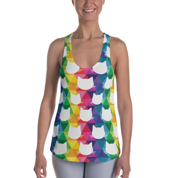 Women's Racerback Tank Colorful Cat Lady Top Animal Shirt Cute Kitty Meows