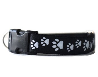 Black dog collar, male dog collar, boy dog collar, female dog collar, paw dog collar, girl dog collar, adjustable dog collar