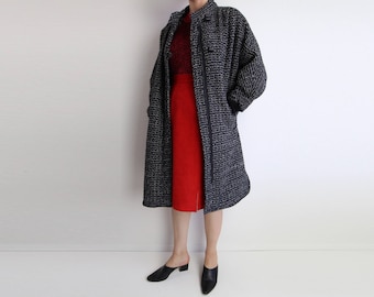 VINTAGE Womens Coat 1980s Tweed Dolman Sleeves Black White Medium Small