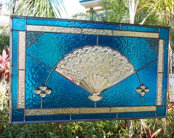 Stained Glass Window Panel, Vintage Fenton Daisy & Button Fan, Stained Glass Transom Window, Antique Glass Valance, OOAK Recycled Art