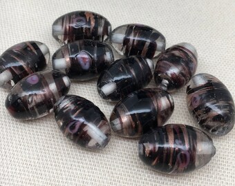 10 Vintage Handmade Clear Black Oval Glass Beads