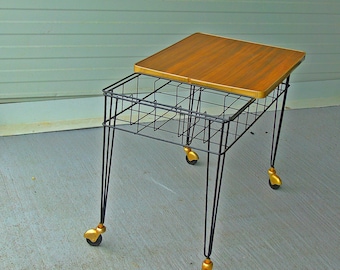 vintage bar cart trolley mid century modern wood, iron and brass serving cart hollywood regency tea cart 1970s