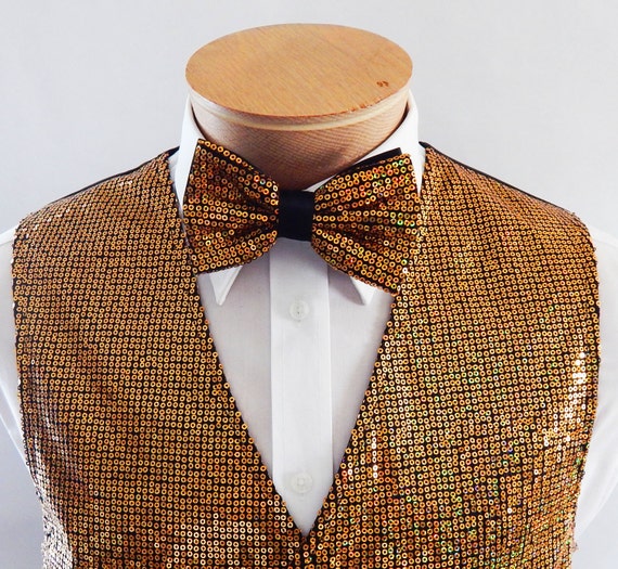 Mens Gold Sequin Vest and Bow Tie Set