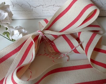 red and cream ticking stripe cotton ribbon
