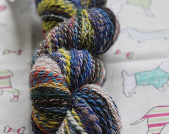Hand spun, pure wool, 4ply weight yarn, multi coloured. 100gms