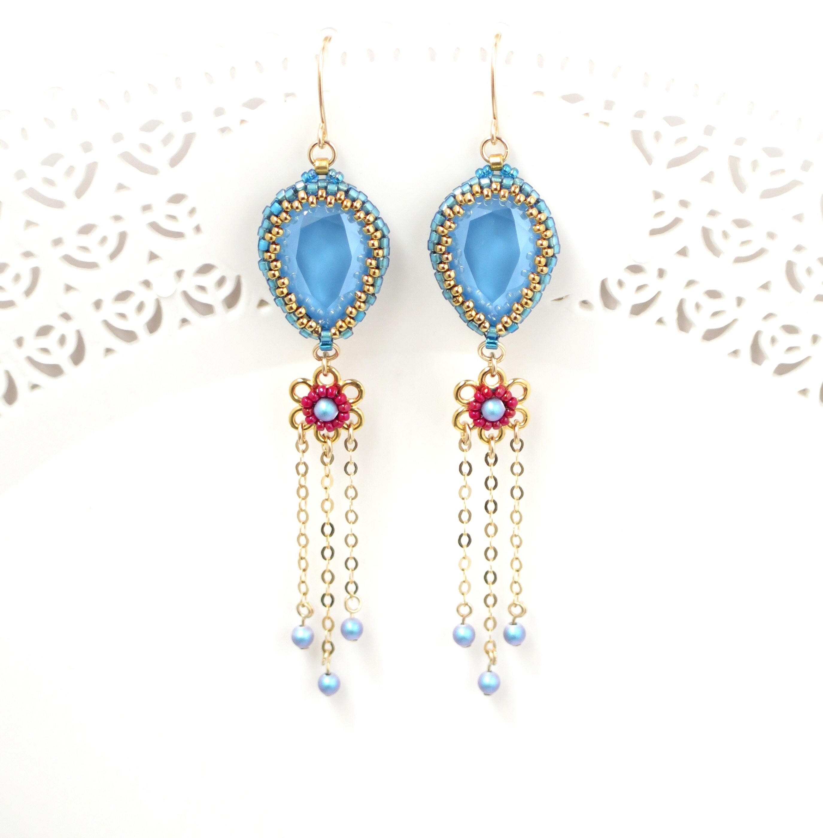 Statement earrings blue Long earrings dangle chain Fringe