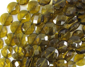 14mm faceted brown quartz coin beads 16" strand 33268