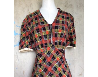1940s Rayon Day Dress * Plaid Rayon Dress * 40s Plaid Dress
