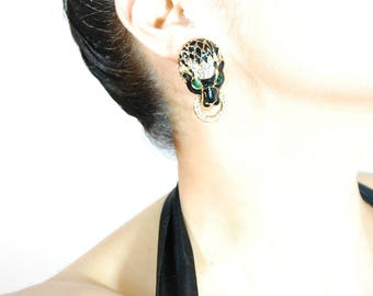 Auth Vintage GAY BOYER Golden Enamel Crystal Black Panther Clip Earrings