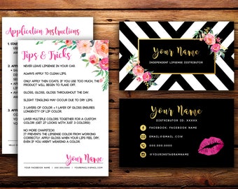 LipSense Business Cards Buyers Cards || SeneGence Custom Black & White Striped Watercolor Florals