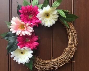 Gerbera wreath, pink wreath, front door wreath, summer wreath, spring wreath, bright pink, all year round, outdoor wreath, indoor wreath