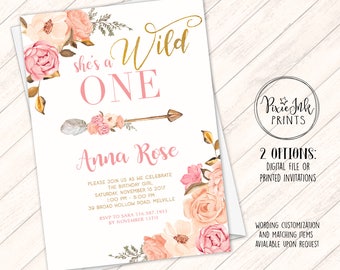 Wild One 1st Birthday Invitation, Pink & Gold 1st Birthday, She's a Wild One Invitation, Wild One First Birthday Invite, Blush and Gold