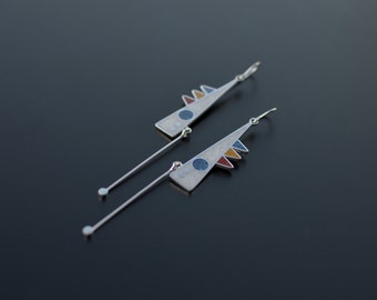 Sterling Silver Earrings, Modern Jewelry, Geometric Earrings, Contemporary Design, Tribal, Dangle, Pendulum
