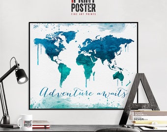 World Map Poster Adventure Awaits, Map Of The World Print, World Map Wall Art by iPrintPoster