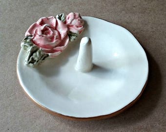 Ceramic Ring Holder Bowl with Gold edging Coral Rose OFF WHITE