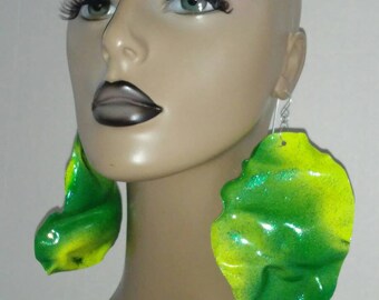 Uniquely Wacky Lime and Dark Green Shape Plastic Glitter Earrings, Big Earrings, Womens Earrings, Handmade Earrings, Large Earrings