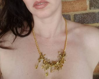 Gold safety pin necklace handmade golden chain and safety pins unique statement necklace