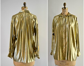Vintage Halston Gold Lamé Blouse | Gold Pleated Blouse | Metallic Womens Blouse | Long Sleeve, Button Down Blouse | Size 10/12