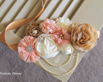 Peach Maternity Sash, Gender Reveal Sash, Girl Maternity Sash, Belly Sash, Pregnancy Sash, Baby Shower Sash, RTS, Peach Gold Ivory