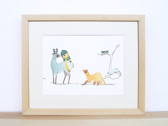 Kid And Forest Animals Winter Watercolour Of Woodland
