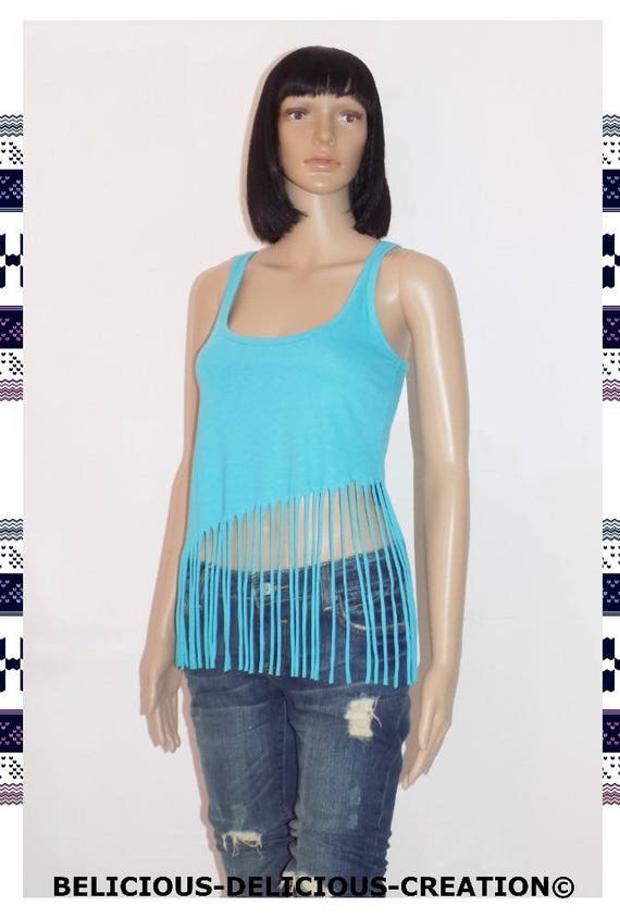Original Top woman! FRINGED! cotton blue T M 65cm long Belicious Delicious Creation