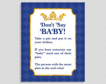 Don't Say Baby Shower Game Sign, Prince Royal Blue and Gold Baby Shower Game, Diaper Pin Game, DIY Printable, INSTANT DOWNLOAD