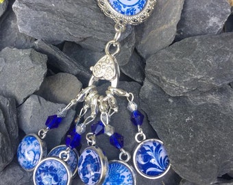 Blue China Stitch Marker & Holder Brooch