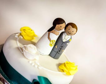 Personalised bride and groom peg doll wedding cake toppers