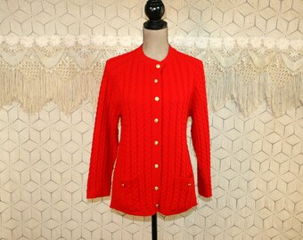 80s 1980s Vintage Red Cardigan Sweater Cable Knit Grunge Womens Cardigan Small Medium Vintage Red Sweater Womens Sweaters Vintage Clothing