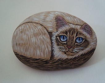 Birman / Ragdoll / Siamese Cat hand painted on a stone - pet rock - by Ann Kelly