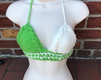 20%OFF, StPatricks Day, Green and White crochet halter top with natural beads
