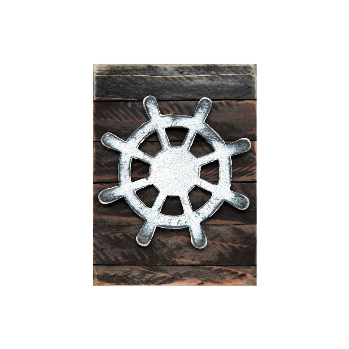 Boat Wheel Wall Art on Rustic Wooden Block Vintage Beach