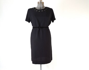 1960s - Voluptuous Black Rayon Crepe Dress - Bodice Cutout Detail - True Vintage - 40" Waist