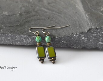 Dangle Earrings, Green Earrings, Hypoallergenic Earrings, Light Weight Earrings, Earthy Earrings, Turquoise Earrings, Antique Brass Earrings