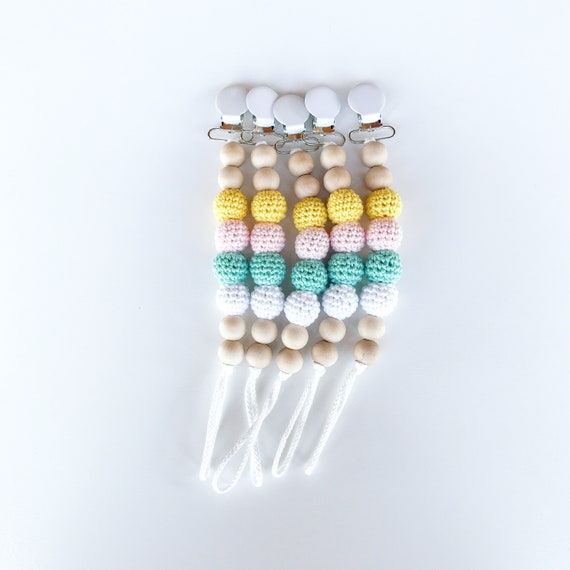 NomiLu Crocheted Clip - Crocheted Beads Pacifier Clip -- Eco-friendly pacifier clip -- crocheted wooden beads -- Baby Teether