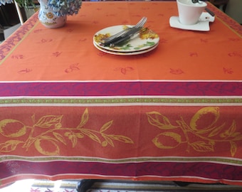 Square Tablecloth, 64" by 64". Cotton Jacquard Teflon. Fabric from Provence, France . Big lemons in orange.