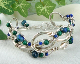 Wirewrapped Silver Cuff ~ Wirewrapped Silver Bracelet ~ Wirewrapped Bracelet ~ Azurite Bracelet ~ Malachite Bracelet ~ Silver Wire Bracelet