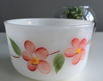 Vintage handpainted Fire King milk glass bowl with pink flowers