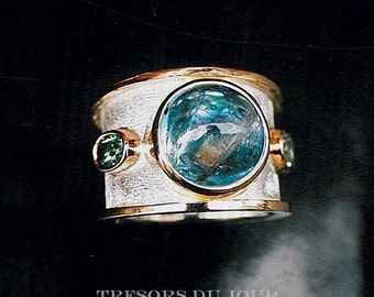Bague de style unique bague aigue-marine « Châtelet » Custom étrusque déclaration bague aigue marine Cabochon et tourmalines facettes bague d’anniversaire