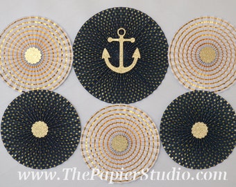 Nautical Blue and Gold, set of Six (6) Paper Rosettes