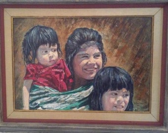 Original Oil Painting of a Mexican Mother and Her Two Children 1965