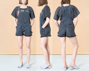 OVERALL SHORTS DENIM black cut off vintage overalls woman 90S London London / Size Medium
