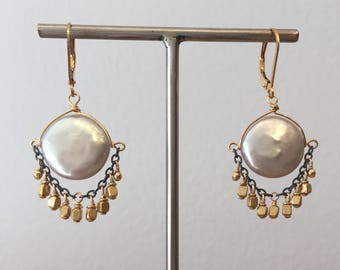 Coin pearl and vermeil chandelier earrings