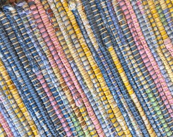 Hand Woven Rag Rug - Small Yellow Blue Pink Green Cotton 26" x 26"