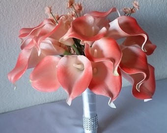 Coral Calla lily Bridal Wedding Bouquet & Boutonniere